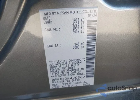 2024 Nissan Altima Sr Fwd из США, поврежденный, VIN 1N4BL4CV0RN420362